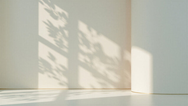 Elegant Empty Beige Room Corner with Delicate Leaf Shadows and Warm Sunlight