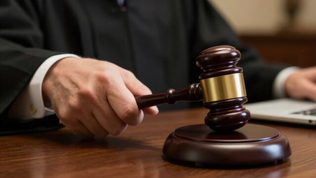 Court Ruling Depicted, Gavel Strike Signifies Legal Authority Enactment, Courtroom Scenario Illustrating Judicial Authority With Deliberate Gavel Strikes And Legal Decisions