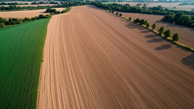Aerial view shows two distinct fields in fall. One side has green crops while the other is bare soil. This landscape reflects the challenges faced by farmers during the season.