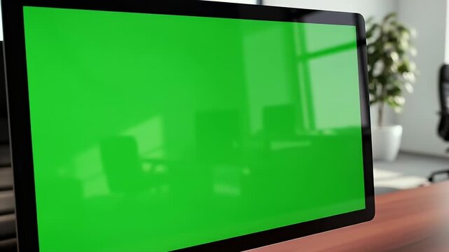 A modern office setup with a green screen computer and ergonomic chair