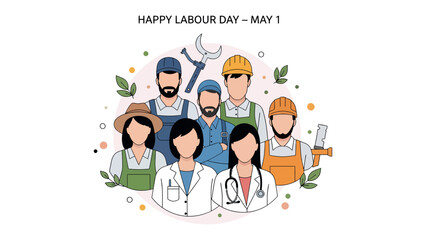 Fototapeta premium Happy Labour Day Celebration: A diverse group of people from various professions are brought together, to show unity and solidarity on Labour Day. 