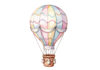 Naklejka premium Whimsical pastel hot air balloon with woven basket and decorative ribbons