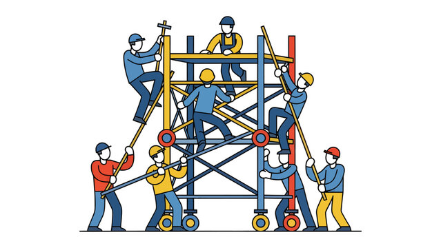 Teamwork on the Scaffolding: A team of construction workers collaborate to build a structure, emphasizing the importance of teamwork and cooperation.