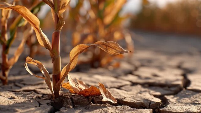 A single corn plant stands tall amidst dry, cracked earth. The leaves have turned brown, showing the impact of drought. Surrounding corn stalks reflect the challenges faced during fall.