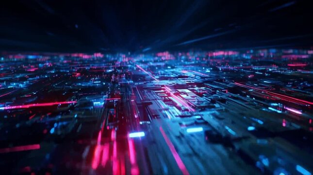 Dynamic digital circuit board with fast neon pink and blue light trails representing data flow and high-tech visual effects (AI Generated)