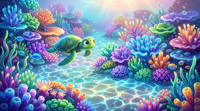 Green sea turtle swimming in vibrant coral reef with sunlight filtering through water