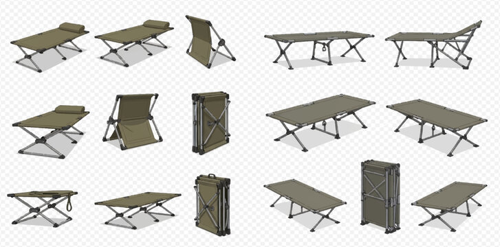 Set of military folding cots in various positions, including folded and unfolded, for camping and outdoor use.
