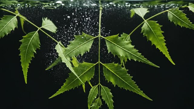 Fresh green Neem leaves submerged in water with air bubbles on black background.
