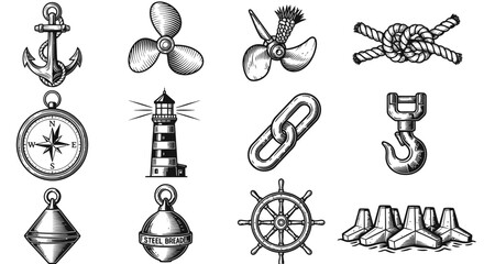Fototapeta premium Vintage Nautical Marine and Harbor Element Vector Set
