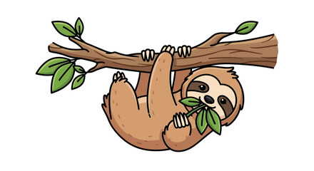 Fototapeta premium A cartoon sloth hangs upside down on a tree branch eating green leaves peacefully.
