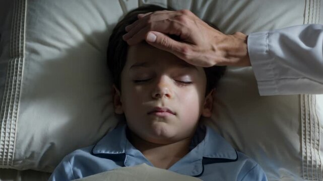 Child lying in bed while an adult checks forehead temperature, indicating illness, care, and attentive parenting in home setting.