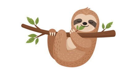 Fototapeta premium A cute sloth hangs on a tree branch eating a leaf happily alone.