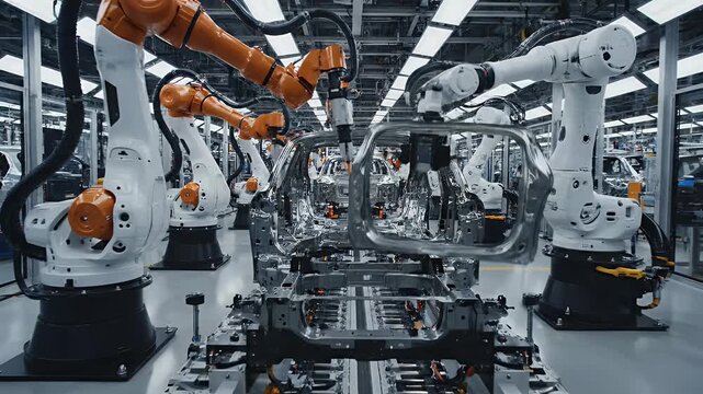 Automated factory robots assembling a car chassis with sparks flying