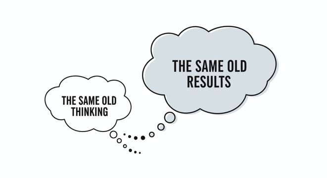 Conceptual business infographic illustrating 'The Same Old Thinking' leads to 'The Same Old Results' using thought clouds.