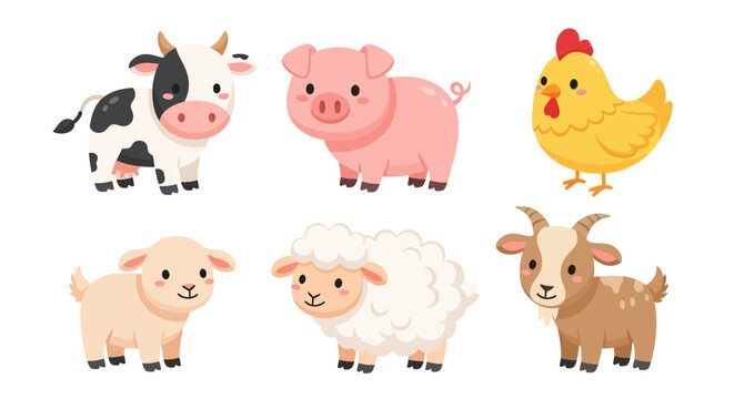 Farm animals stand together on white background illustration