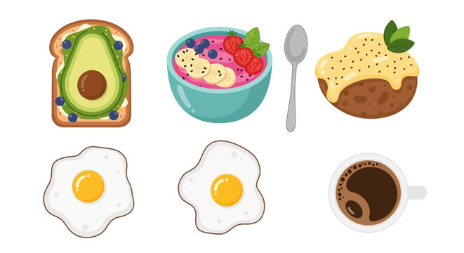 Illustration of various breakfast foods on a white background including avocado toast