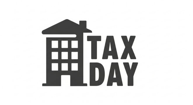 A minimalist vector graphic illustration of a building with the words 'TAX DAY' in bold font.