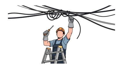 Electrical Expert: A skilled electrician, equipped with a screwdriver, stands atop a ladder, meticulously managing a complex web of electrical wires. © azizunnahar