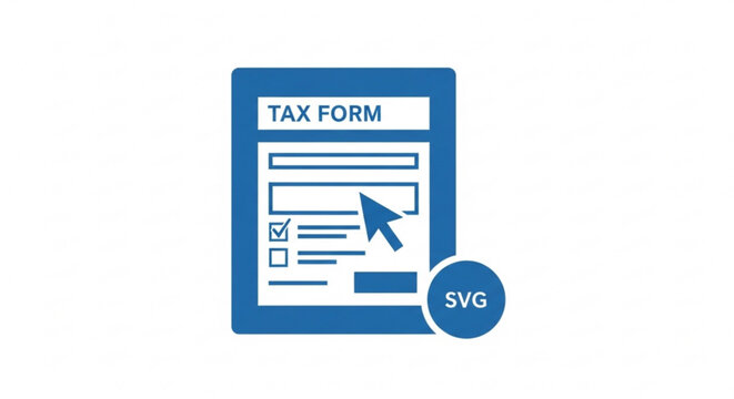 A blue and white vector graphic illustration of a tax form with a mouse cursor clicking on it