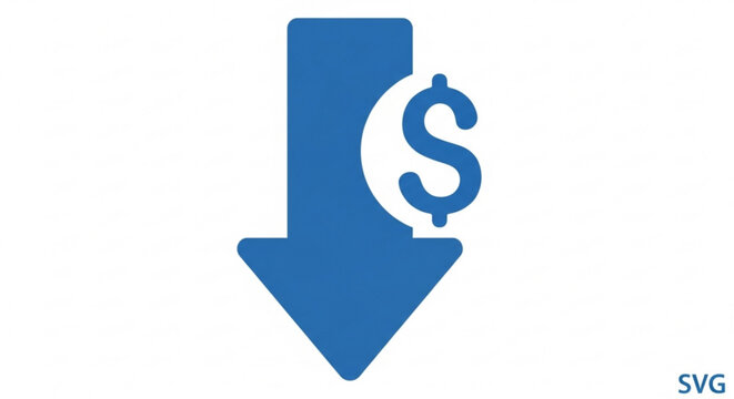 A blue vector graphic illustration of a downward arrow with a dollar sign, symbolizing financial loss or decrease.