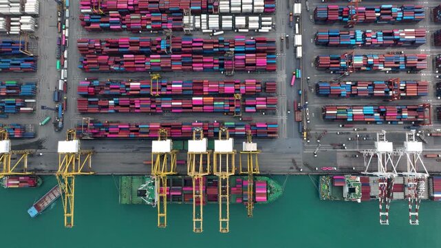 Time-Lapse Industrial Cargo Ship Port Terminal Seen From High Altitude Showing Global Logistics And Container Operations