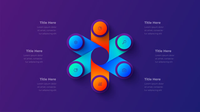 6 step radial process infographic diagram with six connected rounded segments around central circle