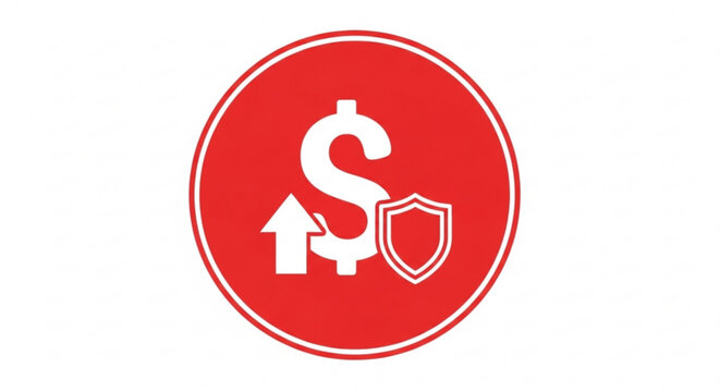 A red circular icon featuring a dollar sign, upward arrow, and shield, symbolizing financial growth and security.