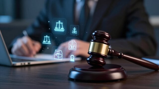 Lawyer With Digital Holograms, Legal Professional Preparing Case With Virtual Court Icons Present, Lawyer Situated At Workstation With Holographic Gavel And Legal Symbols Surrounding