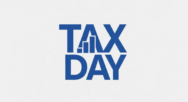 A blue vector graphic illustration of the words 'TAX DAY' with a bar chart icon integrated into the design