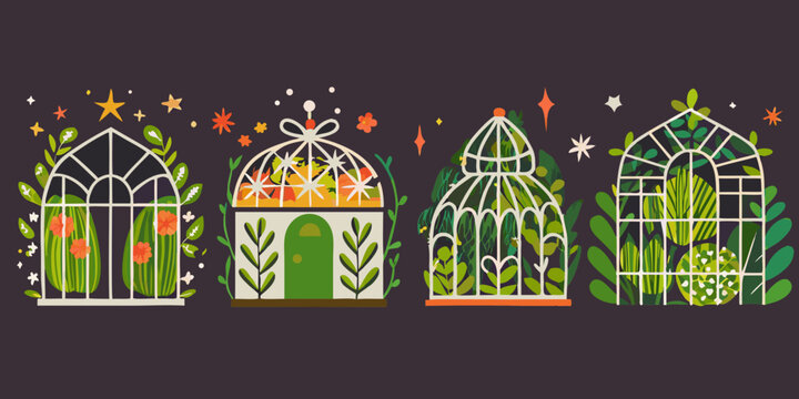 Four whimsical ornate birdhouses decorated with cacti and foliage