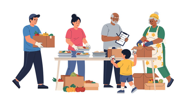 Community Volunteers: A group of volunteers works together to pack and distribute food, symbolizing compassion and solidarity.