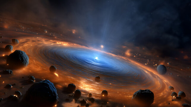 T-Tauri star illuminating a swirling protoplanetary disk with planets