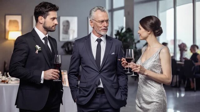 Three formally dressed people converse at an event, holding wine glasses, in a modern, well-lit space