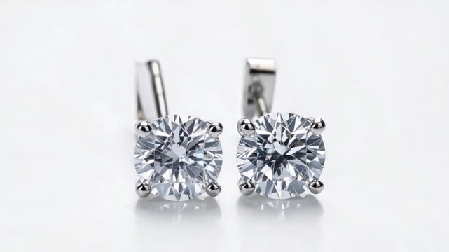 Two diamond stud earrings, clear cut, in silver settings, with a white, reflective background