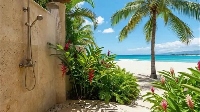 Video of outdoor shower stall with tropical beach view and lush greenery on sunny day. concepts of seaside relaxation, luxury paradise, summer travel, or travel agency promotions