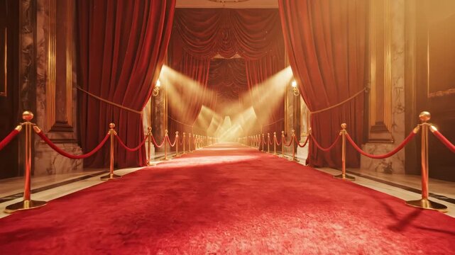 Red carpet hallway with curtains