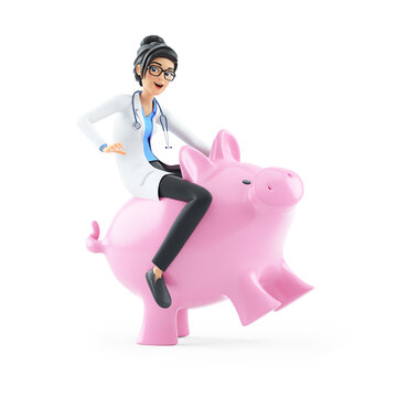 3d cartoon female doctor riding piggy bank