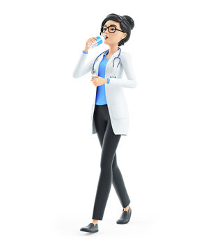 3d cartoon female doctor drinking water on bottle