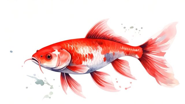 Watercolor illustration of a vibrant red and white fish with intricate details