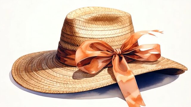 Watercolor illustration of a woven straw sun hat adorned with a large, coral-colored ribbon bow