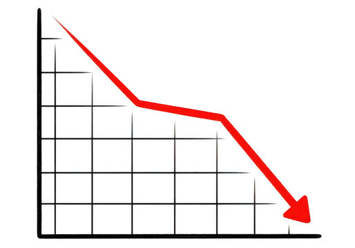 A red line graph showing a downward trend isolated on transparent background