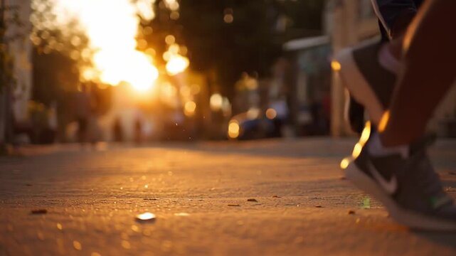 Two players are dribbling a soccer ball down a city street during sunset. Shadows stretch on the ground as the sun sets, creating a dynamic scene of action and sport.