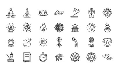 Fototapeta premium Meditation and Spiritual Practice Pixel Perfect Thin Line Vector Icons Set with Yoga and Mindfulness Symbols