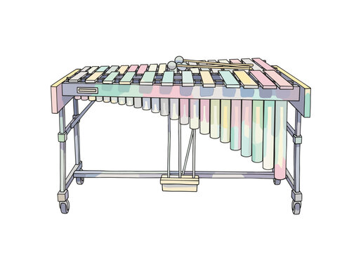 Colorful marimba musical instrument with mallets on a white background