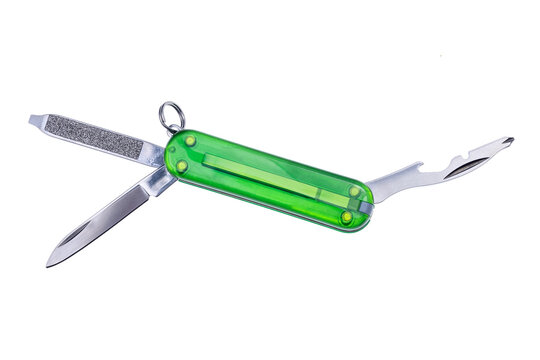 multifunctional stainless steel knife with nail file bottle opener and srew driver in green color isolated on white background