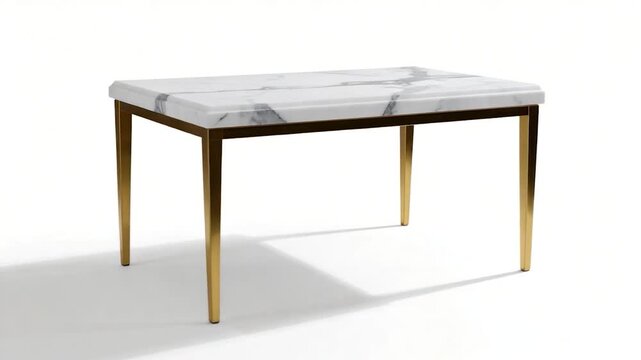 Rectangular table with a marble top and gold-colored metal legs, casting a shadow