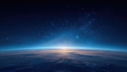 Obraz premium A breathtaking depiction of planet Earth from space, with a stunning sunrise, illuminating the atmospheric layers and starry sky