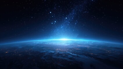 Obraz premium A breathtaking depiction of planet Earth from space, with a vibrant celestial dawn illuminating the curvature below