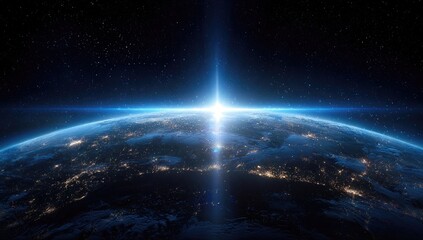 Obraz premium A breathtaking depiction of planet Earth viewed from space, with a bright celestial light radiating from above. The nighttime cityscape is also visible