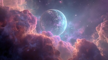 Fototapeta premium Mystical Planet Among Colorful Cosmic Clouds